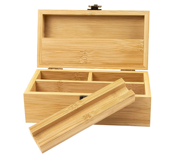 Stash Box Premium Bambus Rollbox Holzbox Holzkiste für feinste Rolling Kräuter geruchsdicht verschließbar mit Fächern - 19x7,7x10 cm